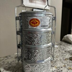 Embossed Silver 4-Tier Tiffin Food Carrier Imported from Thailand